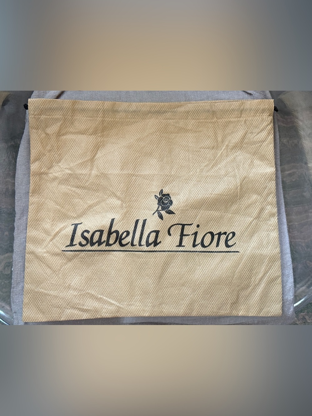 Isabella Fiore Non Woven Drawstring Dust Bag Beige Black Logo 15x14”